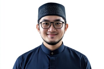 asian muslim man wearing white clothes smiling to give greeting during ramadan