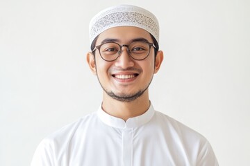 asian muslim man wearing white clothes smiling to give greeting during ramadan