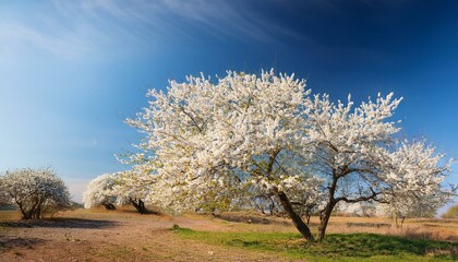 Fototapeta premium white blossom flowers on tree in early spring with blue sky background