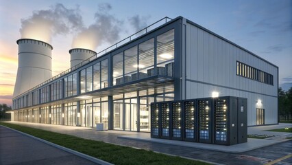 Obraz premium Geothermal energy powers a sleek building filled with computer processors.