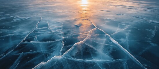 Sunset over cracked ice on frozen lake.