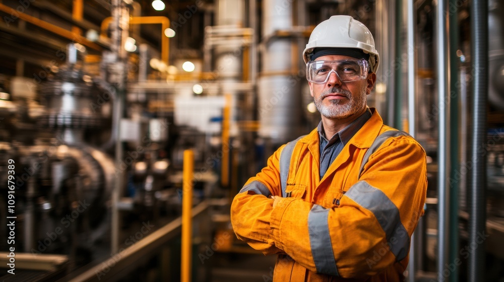 Aufkleber an engineer stands with arms crossed, ensuring safety and efficiency in an industrial factory filled