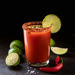 mexican michelada cocktail with spicy rim and lime