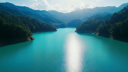 Obraz premium Incredibly beautiful reservoir with the perfectly surface of turquoise water on a sunny day. Discover the beauty of world.