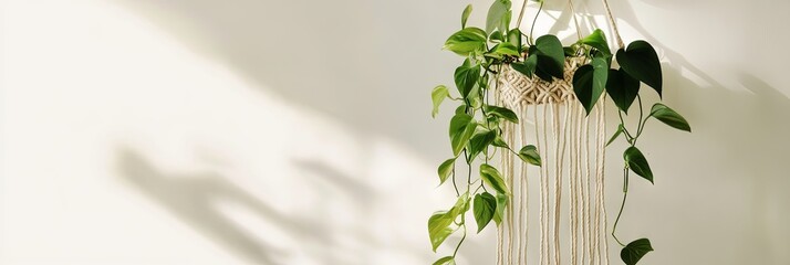 Macrame Planter with Hanging Plant on White Wall