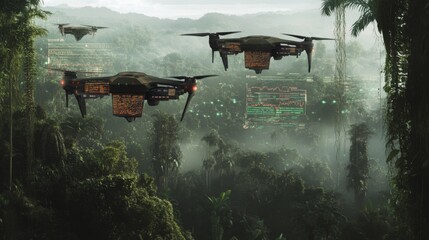 Multiple drones with cargo containers fly over a lush, misty jungle landscape. Digital data streams appear in the air, possibly showing drone locations or environmental data.