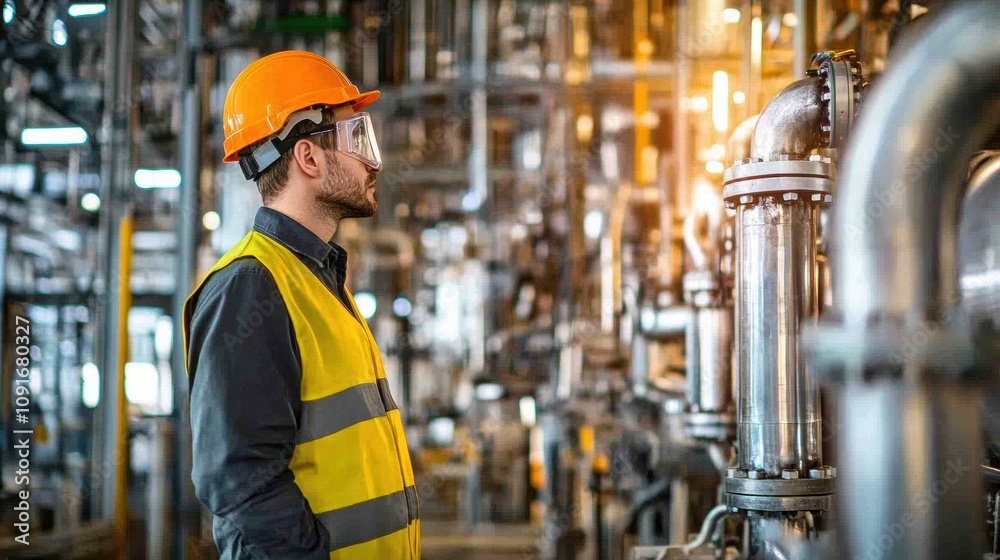 Aufkleber an engineer in safety gear observes machinery and equipment in an industrial factory, ensuring optim