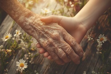 A Portrait of two interwinded Hands. Surrounded by timeless Flower Decoration on a wooden Background. One Hand is aged and weathered, the other Hand is youthful and smooth.