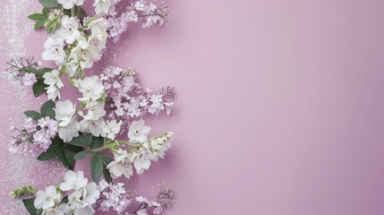 Dusty purple vertical backdrop adorned with white geraniums and subtle silver glitter, ideal for a baby girl announcement