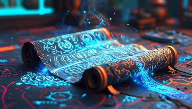 Magic Scroll With Blue Glowing Lines