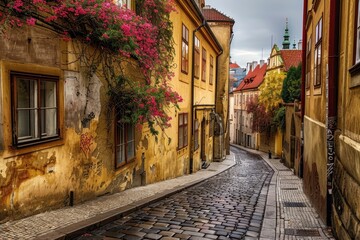 Fototapeta premium A picturesque cobblestone pathway winds through Prague, flanked by historic buildings adorned with blooming flowers under a moody sky.