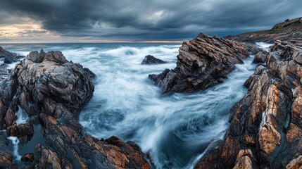 Dramatic coastal scene at sunrise with crashing waves and rocky shoreline.