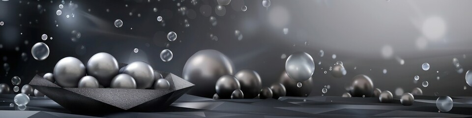 Elegant graphite backdrop, pearl graphite pearls nested centrally, graphite glitter, enhanced with flying bubbles and a sleek graphite geometric frame for an abstract background