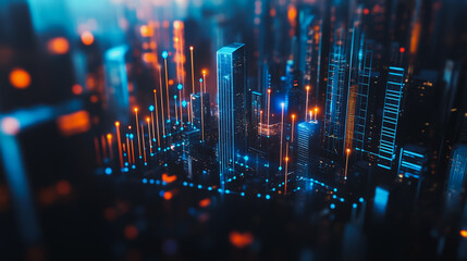 Fototapeta premium Smart digital Innovation Business skyscrapers in the Financial District with connection network reciprocity over the cityscape. of future smart wireless digital city and social media networking