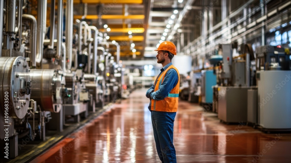 Aufkleber an engineer in an orange safety vest and hard hat inspects industrial equipment in a factory setting