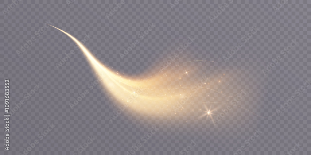 Poster golden magic comet with many sparkling dusty shimmering light effects. magic golden swirl for web an