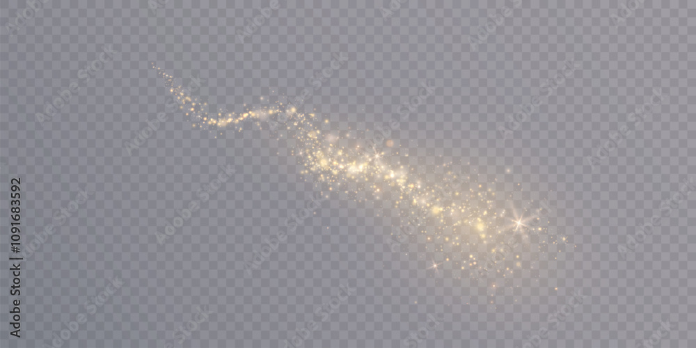Poster golden magic comet with many sparkling dusty shimmering light effects. magic golden swirl for web an