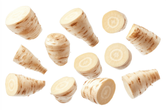 Parsnips fly in a bright, airy dance against a clean white background.