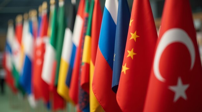 A close-up of a collection of international flags arranged together, showcasing their unique designs and colors. Flags in representing different nations during the Asia Cup.