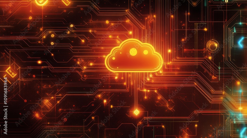 Poster An orange cloud icon is depicted on a dark, futuristic background. The background is a circuit board design with intricate lines and glowing points of light, suggesting a digital network.