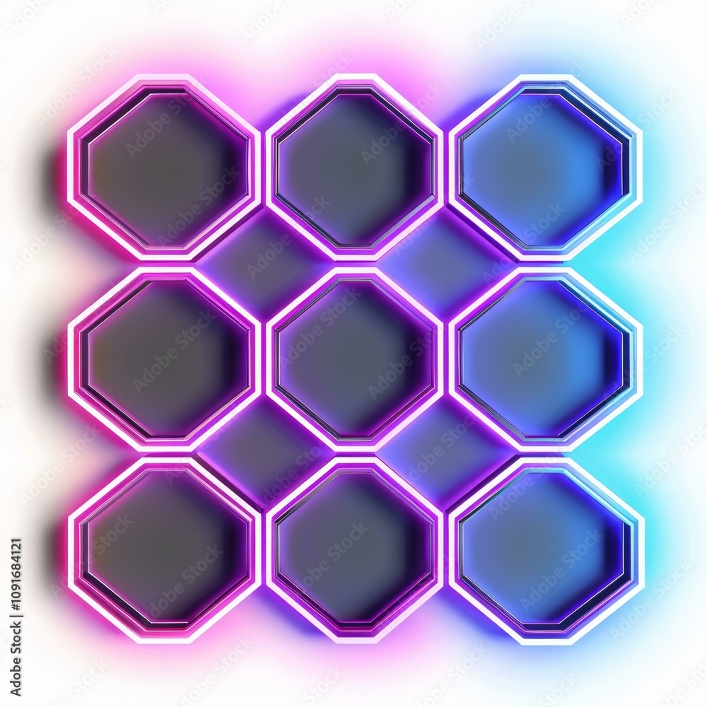 Poster abstract background showing a futuristic empty hexagonal shelf structure with neon lights, creating 