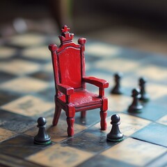 A tiny red king's chair sits on a chessboard.  This shows business strategy and competition.