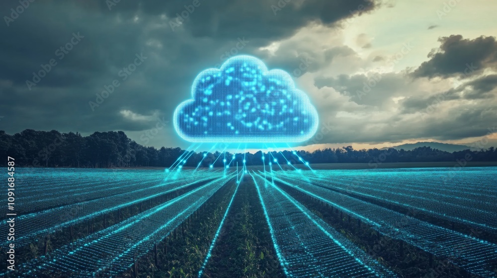Poster a blue digital cloud hovers above a field, with lines of data connecting it to the land. the field i