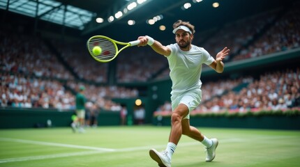 Fototapeta premium tennis player mid-swing during a Grand Slam match, stadium packed with cheering fans, vibrant green court under bright stadium lights, player focused expression and movement frozen in crisp detail