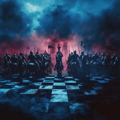 Knights and foot soldiers clash on a chessboard battlefield.  This image represents business competition and strategic planning.  Dark, smoky surroundings add drama.