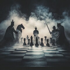 Knights and foot soldiers clash on a chessboard battlefield.  This image represents business competition and strategic planning.  Dark, smoky surroundings add drama.