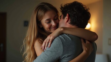 A poignant scene of a couple embracing each other tightly after a disagreement, with expressions of relief and understanding on their faces. 