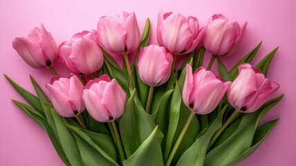 Obraz premium Pink tulips creating a beautiful border on pastel pink background