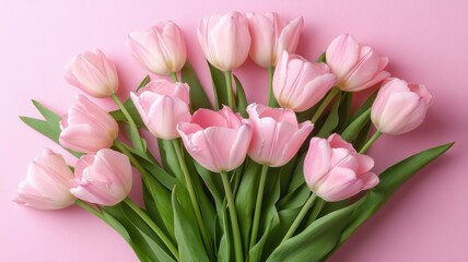Obraz premium Pink tulips creating a beautiful border on pastel pink background