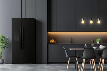 Modern kitchen design featuring sleek black appliances and minimalist decor