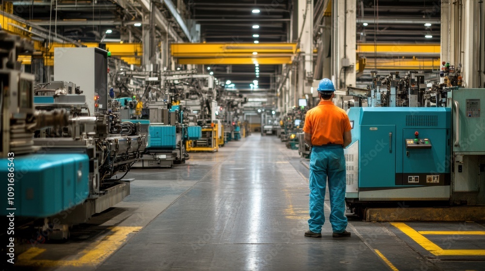 Aufkleber engineer in orange shirt and blue pants monitors equipment setup and workflow in a large industrial 