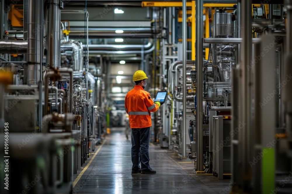 Aufkleber an engineer in a safety helmet and orange jacket checks equipment on a tablet in a busy industrial f