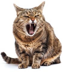 Obraz premium Brown striped tabby cat yawning showing teeth, isolated on white background