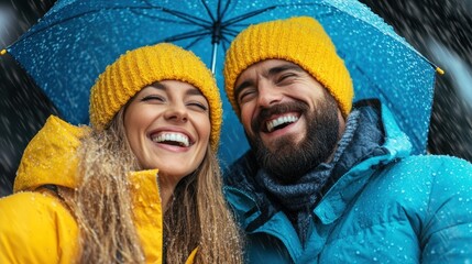 couple enjoys a rainy day while wearing bright yellow hats and colorful jackets. They stand closely together under a blue umbrella, laughing and sharing joyful moments amidst falling rain