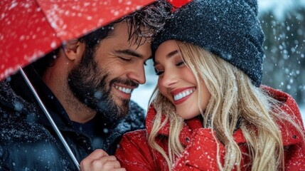 joyful couple shares a cozy moment under a bright red umbrella, surrounded by falling snow in a beautiful winter landscape, radiating love and warmth