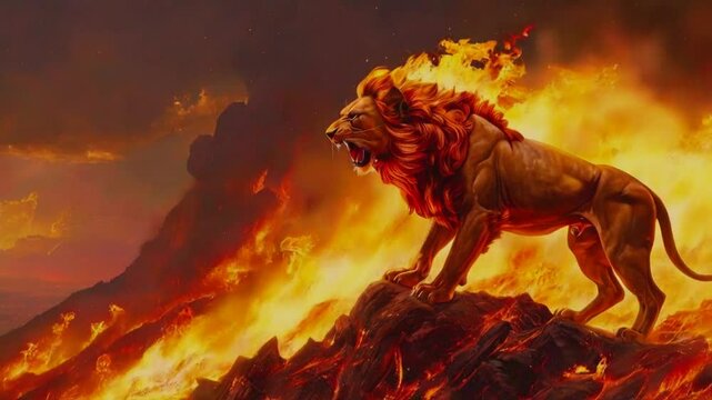 a lion roaring among the blazing fire