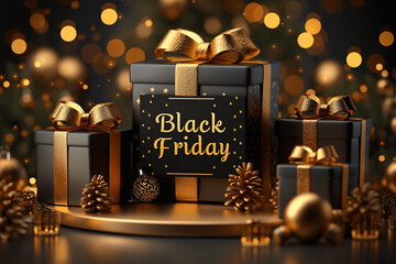 A black box with a gold bow and the words Black Friday written on it