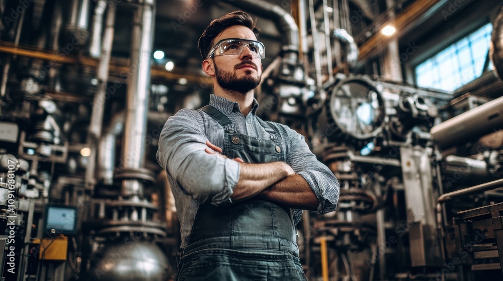 Poster an engineer wearing safety glasses stands in a bustling industrial factory, overseeing operations wi