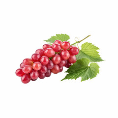 Fresh red grapes with vivid green leaf on white
