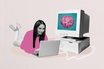Composite photo collage of happy girl hold laptop computer display organ brain artificial intelligence app isolated on painted background