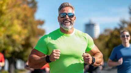 Fototapeta premium A smiling man in a bright green shirt runs through a lively park on a sunny morning, enjoying the fresh air alongside other joggers amid colorful autumn foliage