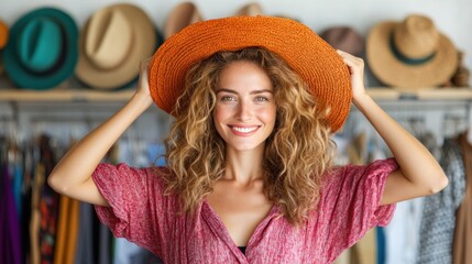 cheerful young woman adjusts her bright orange hat, radiating joy as she explores a trendy clothing boutique filled with various stylish apparel and accessories