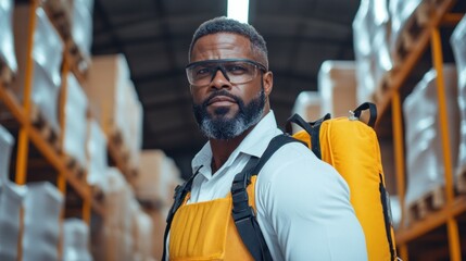 professional wearing protective eyewear and a high-visibility yellow backpack poses in a warehouse. surroundings feature shelves stacked with boxes, reflecting a busy storage environment