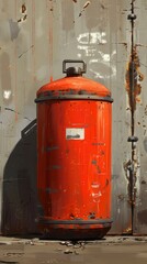 Naklejka premium Bright orange gas cylinder stands against a weathered industrial backdrop in an urban setting during daylight