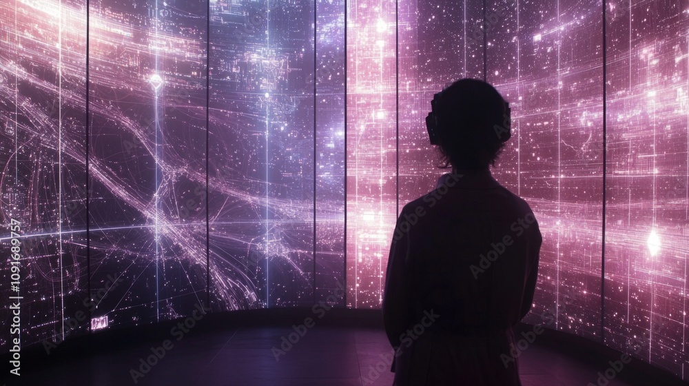 Poster A visitor stands in front of a large display filled with colorful, swirling patterns of light and lines, experiencing an immersive digital art exhibit that evokes feelings of wonder and curiosity.