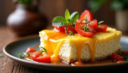 Delicious egg cheesecake topped with fresh strawberries and mint on a rustic wooden table